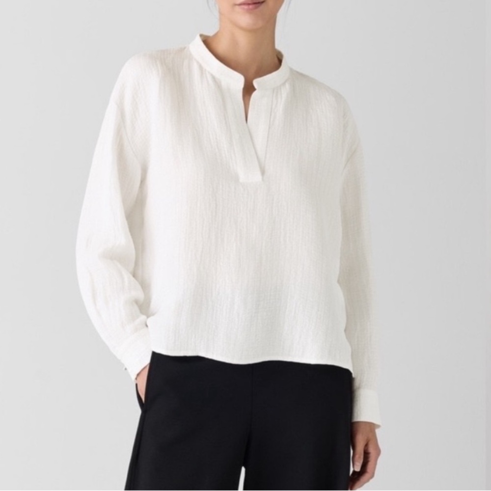 Eileen Fisher Silk Linen Box Band Collar Top Size Large - Picture 2 of 8